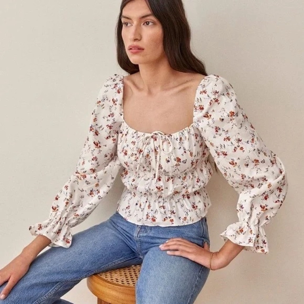 REFORMATION Pimento Floral Linen Top Size Large